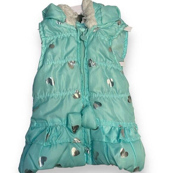 Nannette Kids Hooded Puffer Vest Baby Girls 6-9 Months Turquoise Blue Hearts Zip - Picture 1 of 10